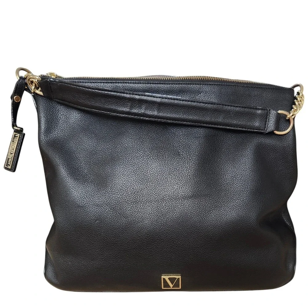 The Victoria Secret Black Pebbled Faux Leather Hobo Shoulder Bag Satchel Tote